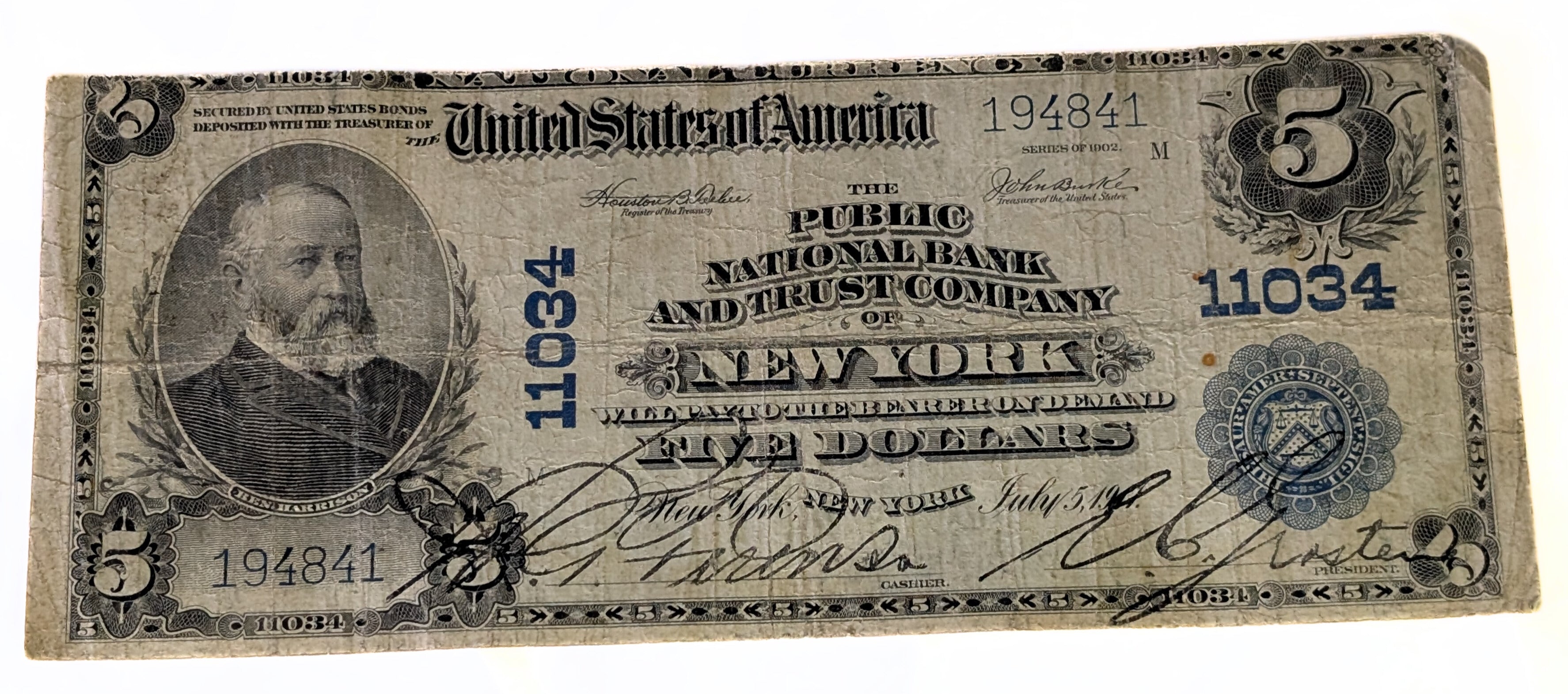 1917 USA Public National Bank and Trust Company of New York $5 Note
