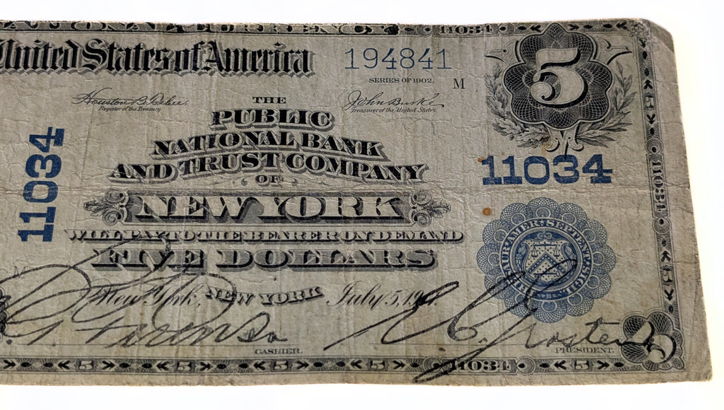 1917 USA Public National Bank and Trust Company of New York $5 Note