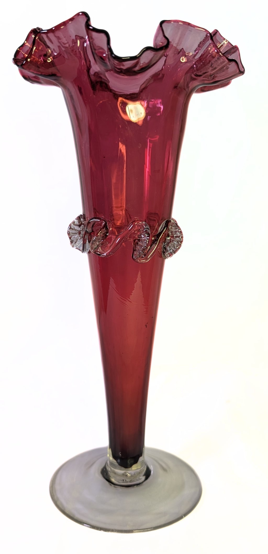 Vintage Cranberry Glass Fluted Vase With Hand Applied Frill Detail - Unsigned