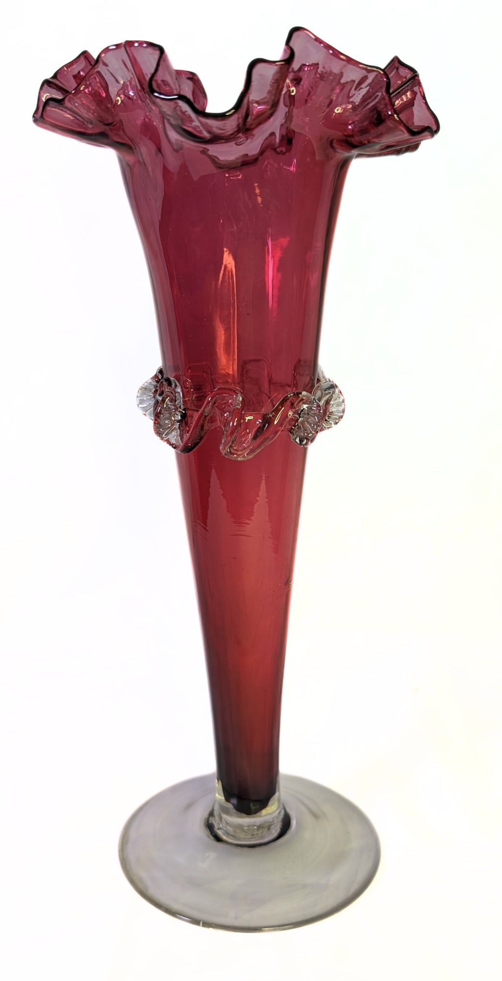 Vintage Cranberry Glass Fluted Vase With Hand Applied Frill Detail - Unsigned
