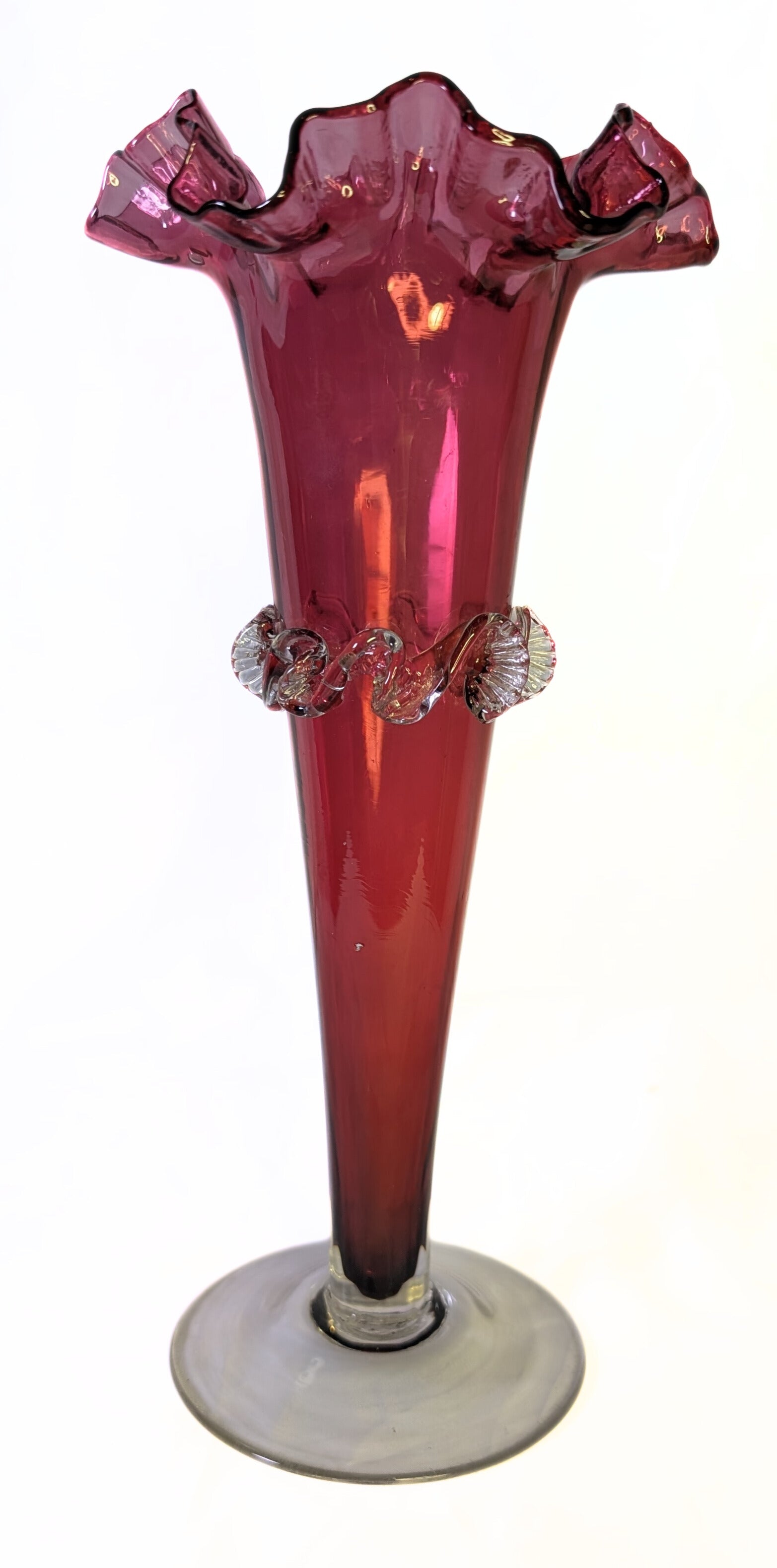 Vintage Cranberry Glass Fluted Vase With Hand Applied Frill Detail - Unsigned