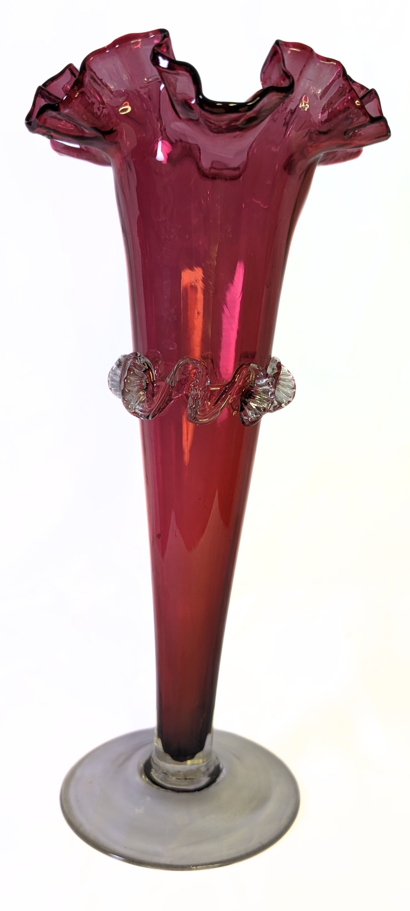 Vintage Cranberry Glass Fluted Vase With Hand Applied Frill Detail - Unsigned