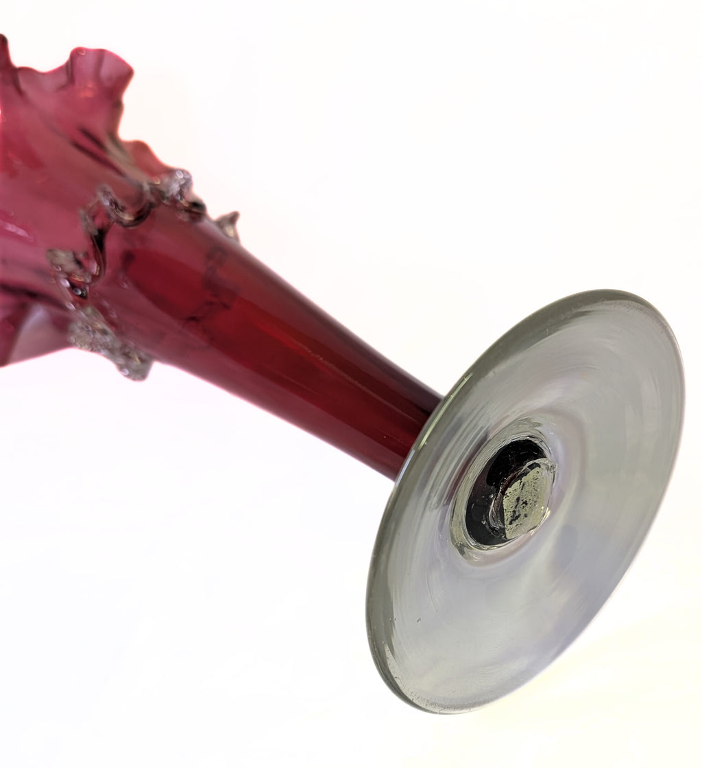 Vintage Cranberry Glass Fluted Vase With Hand Applied Frill Detail - Unsigned