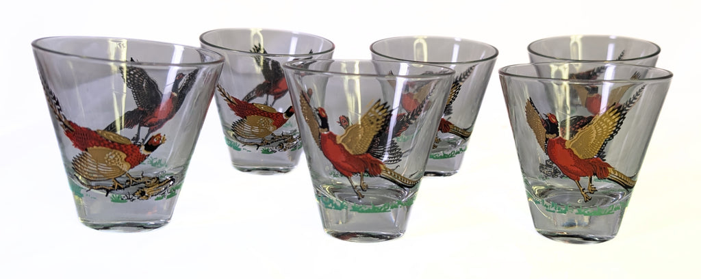 6 HAZEL ATLAS Golden Pheasant Low Ball Drinking Glasses