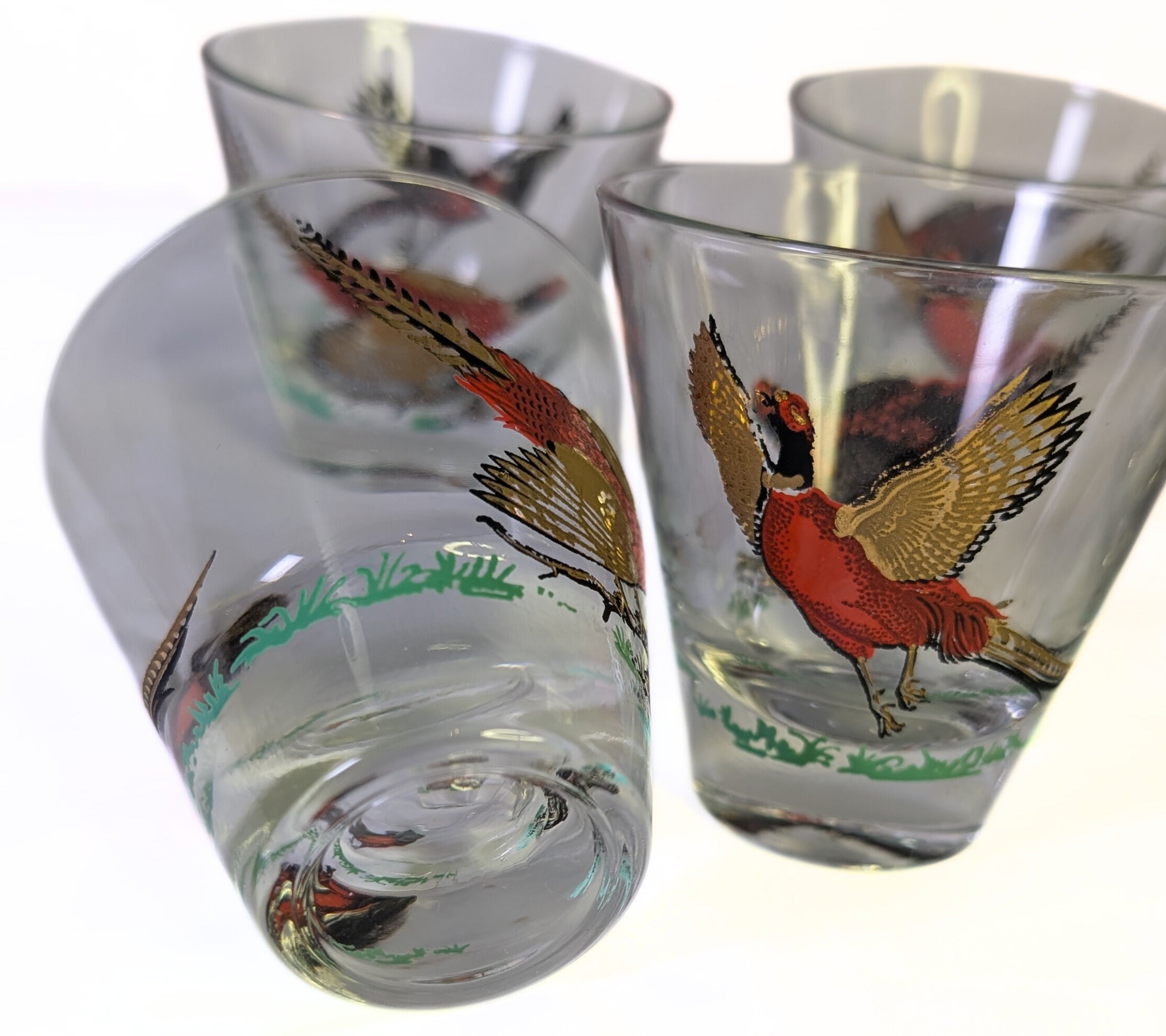 6 HAZEL ATLAS Golden Pheasant Low Ball Drinking Glasses
