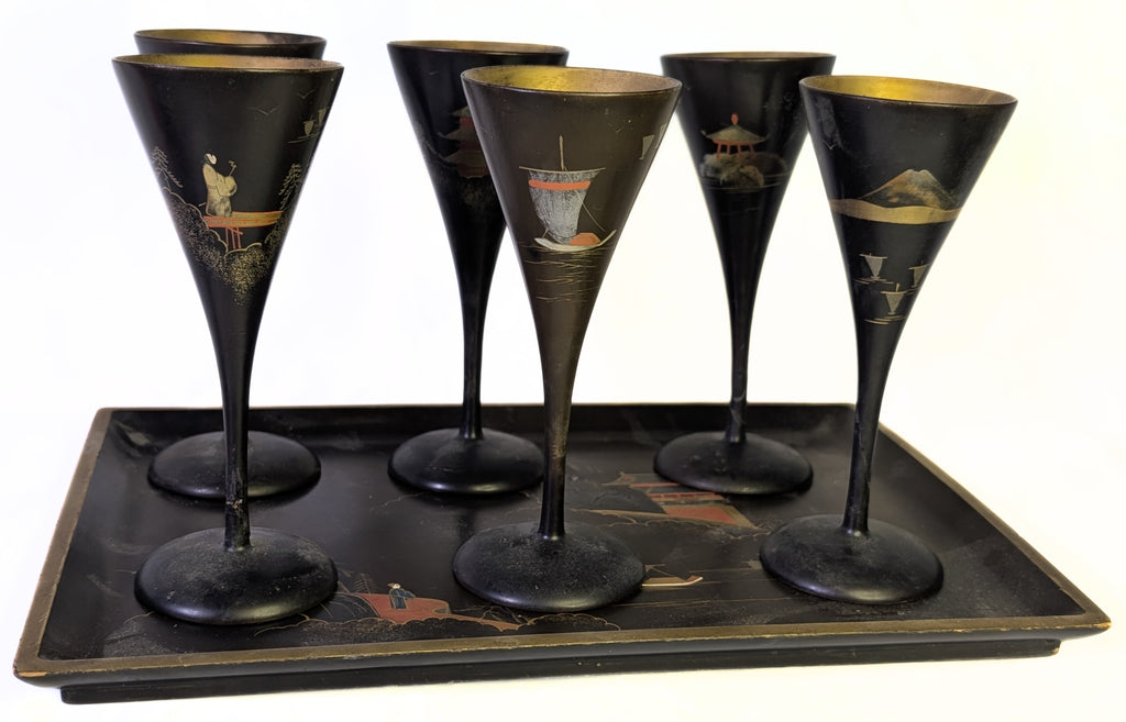 Vintage Japanese Wooden Champagne Flute Set With Serving Tray - Painted
