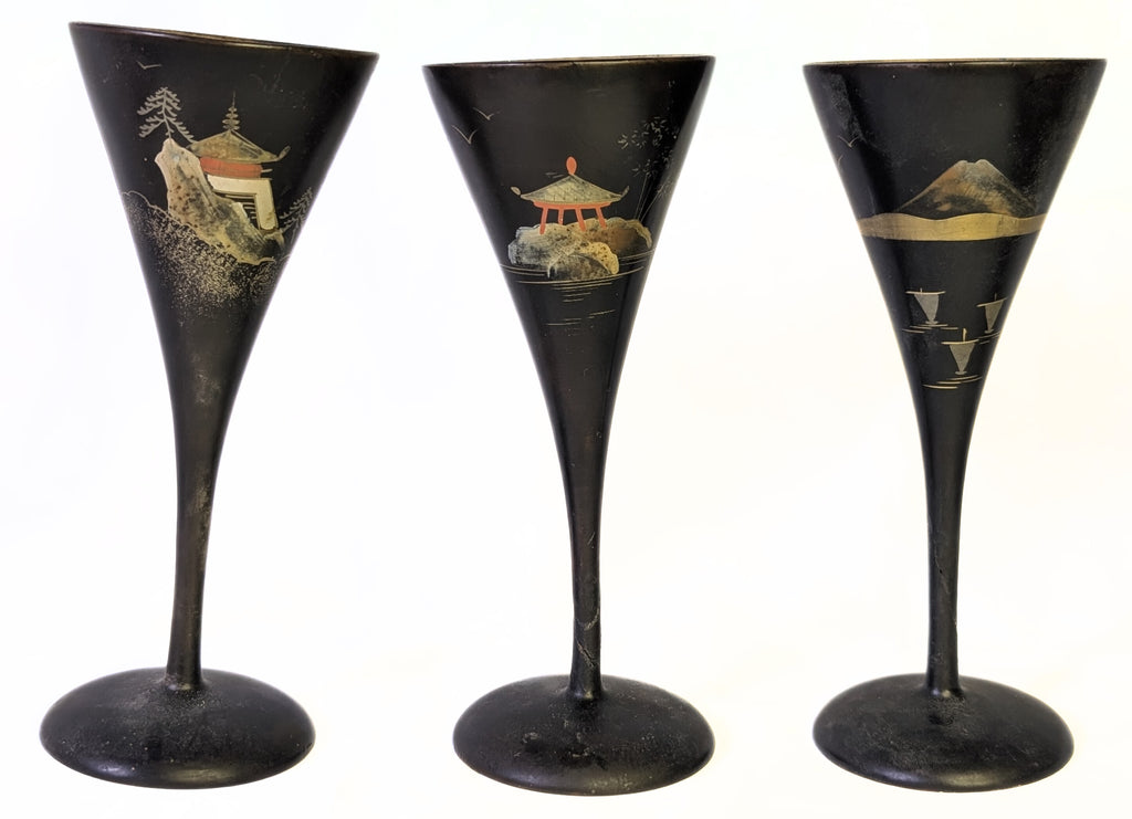 Vintage Japanese Wooden Champagne Flute Set With Serving Tray - Painted