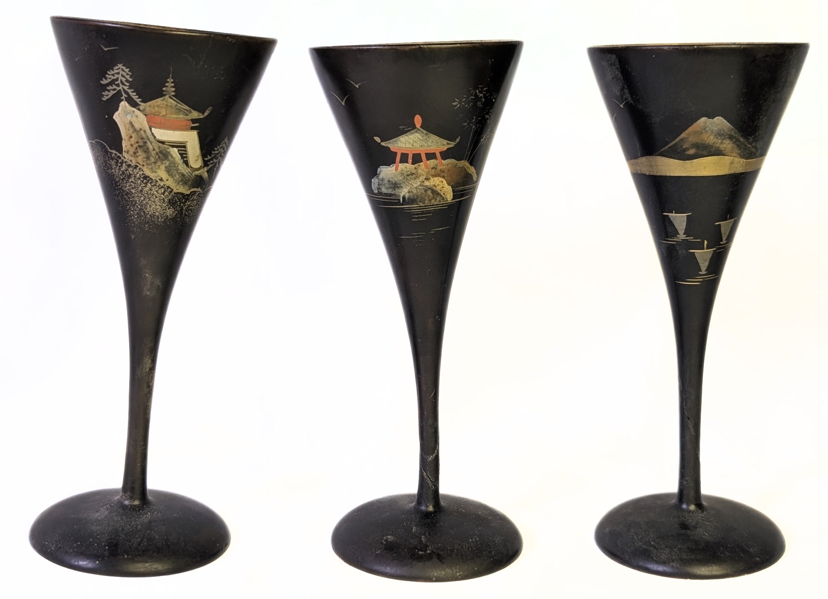 Vintage Japanese Wooden Champagne Flute Set With Serving Tray - Painted