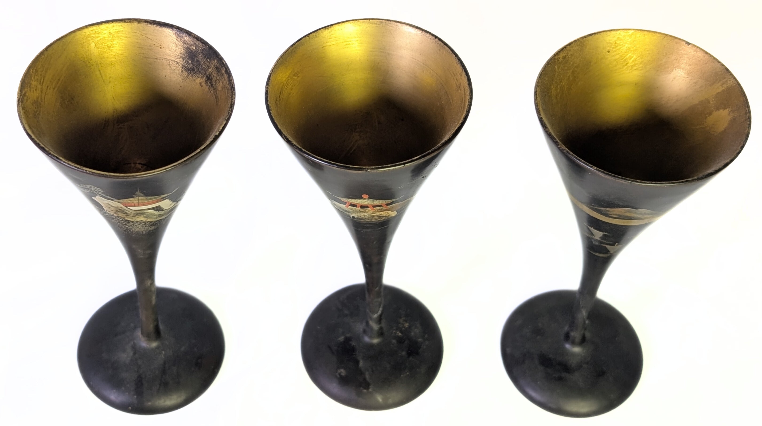 Vintage Japanese Wooden Champagne Flute Set With Serving Tray - Painted