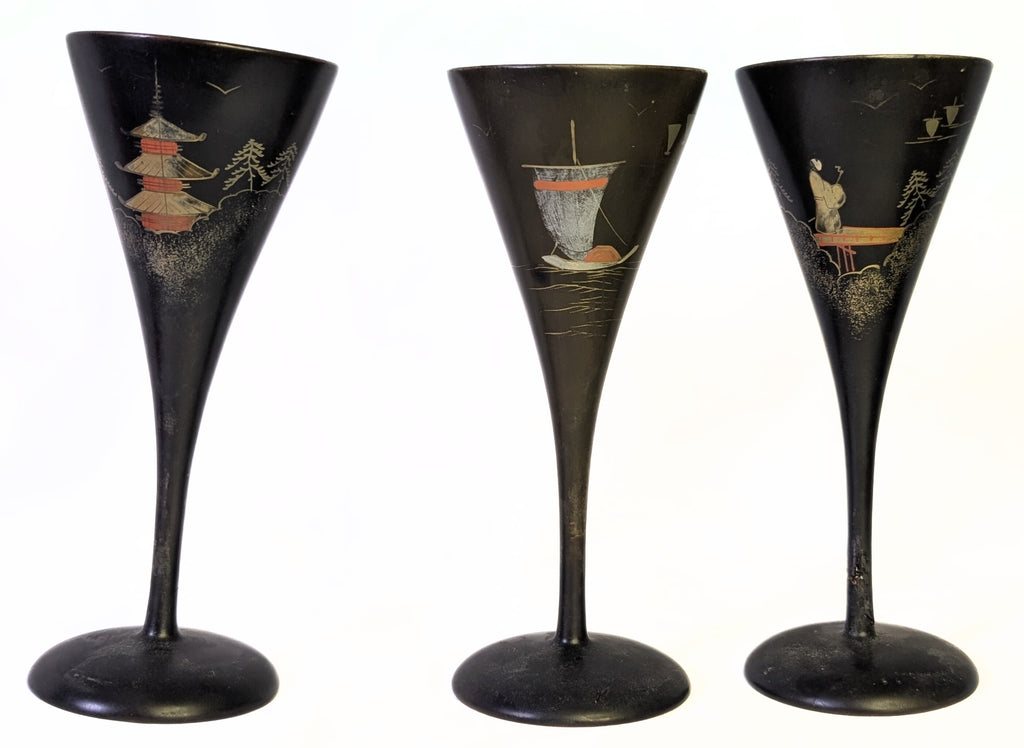 Vintage Japanese Wooden Champagne Flute Set With Serving Tray - Painted