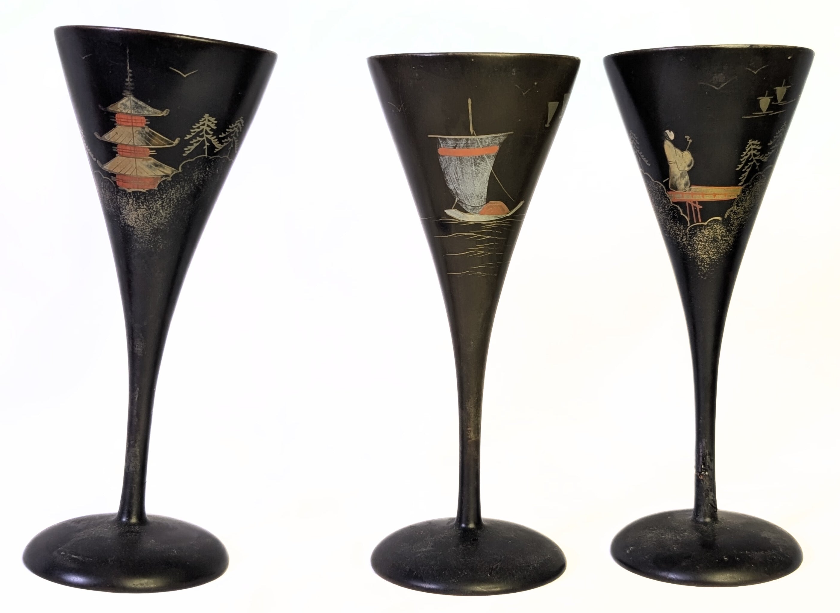 Vintage Japanese Wooden Champagne Flute Set With Serving Tray - Painted