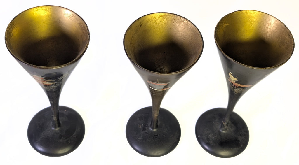Vintage Japanese Wooden Champagne Flute Set With Serving Tray - Painted