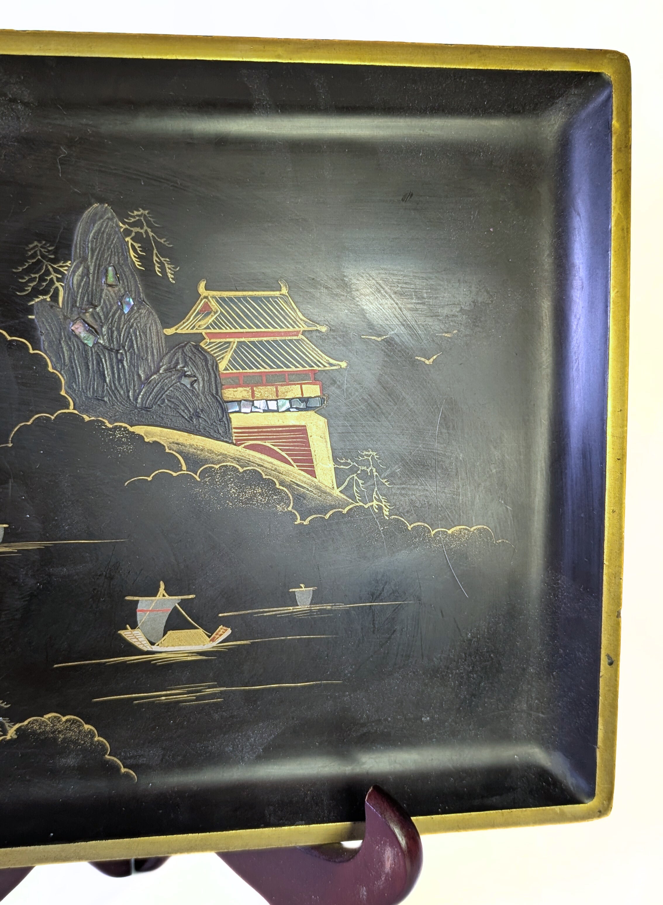 Vintage Japanese Wooden Champagne Flute Set With Serving Tray - Painted