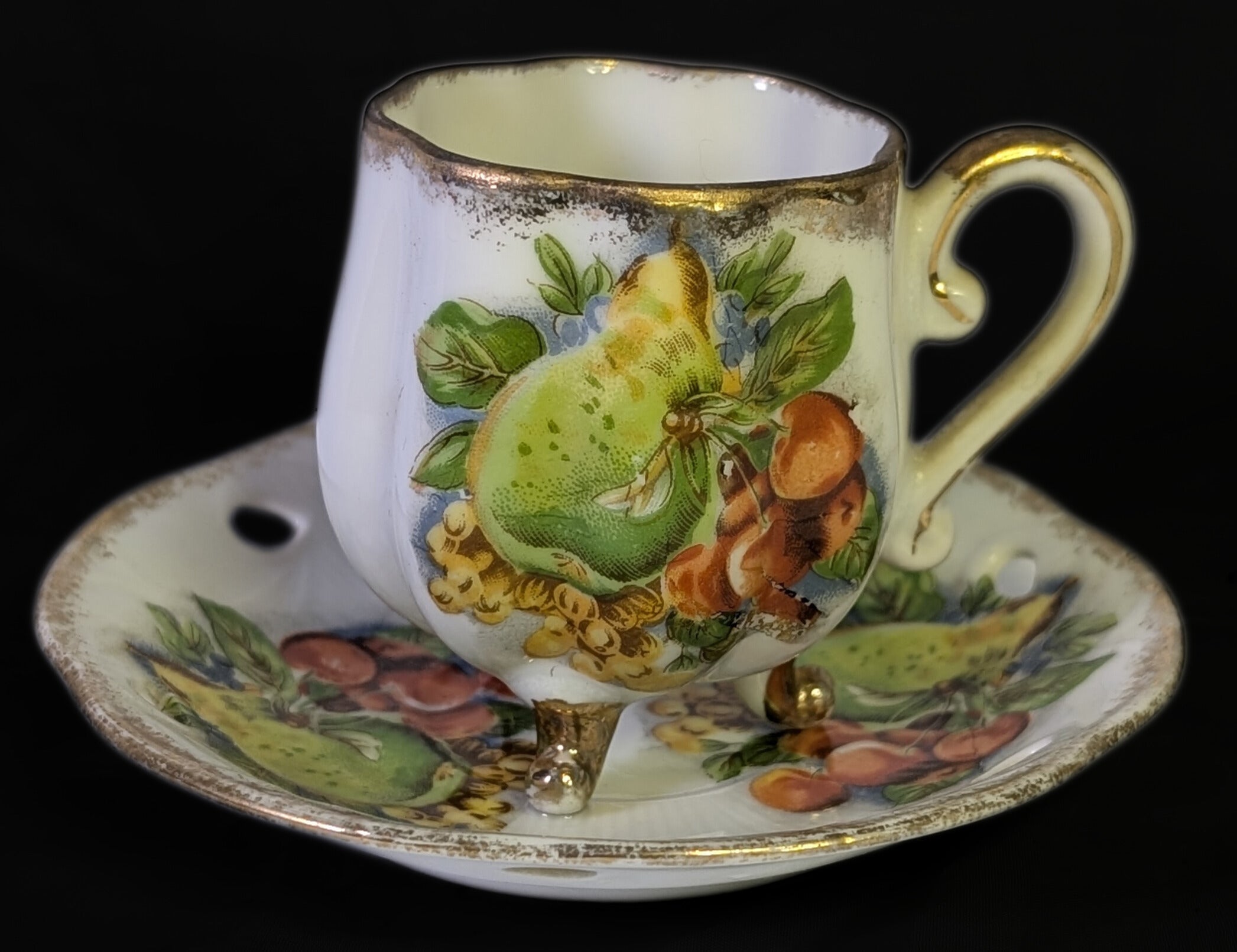 Vintage Porcelain Footed Demitasse Cup &amp; Saucer - Fruit Design - As Shown