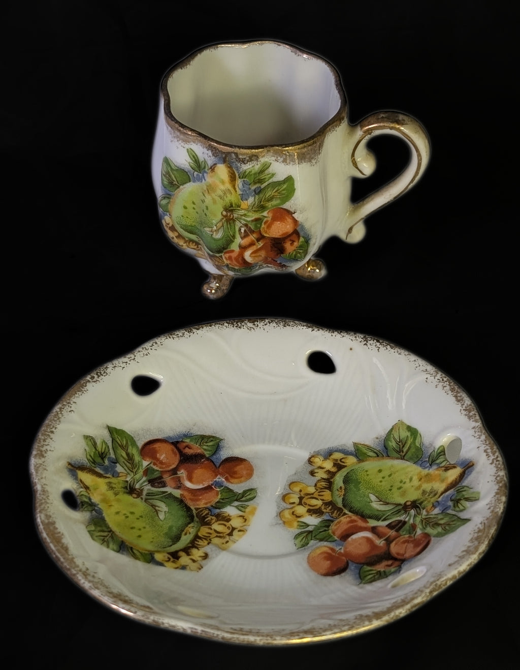 Vintage Porcelain Footed Demitasse Cup &amp; Saucer - Fruit Design - As Shown