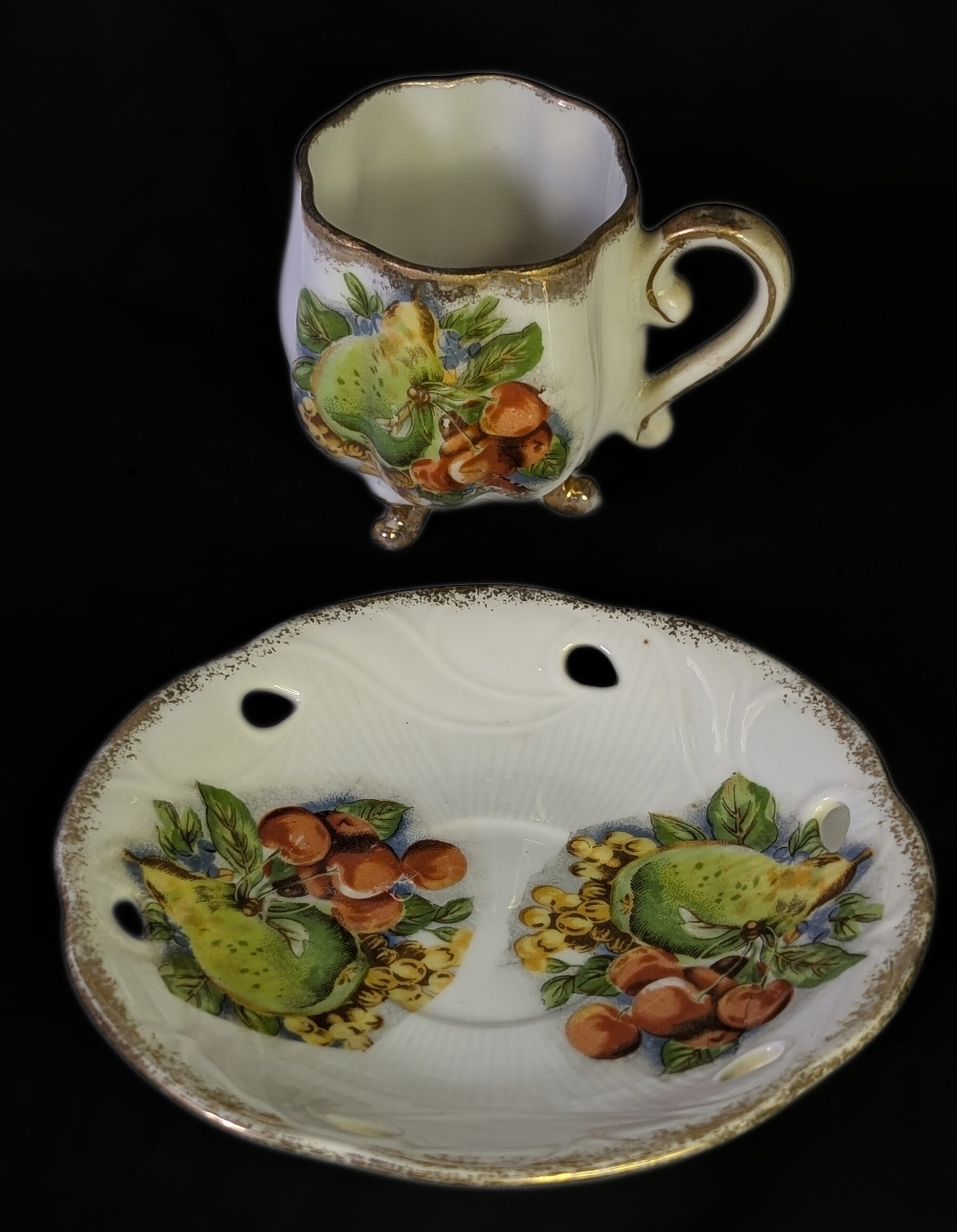 Vintage Porcelain Footed Demitasse Cup &amp; Saucer - Fruit Design - As Shown