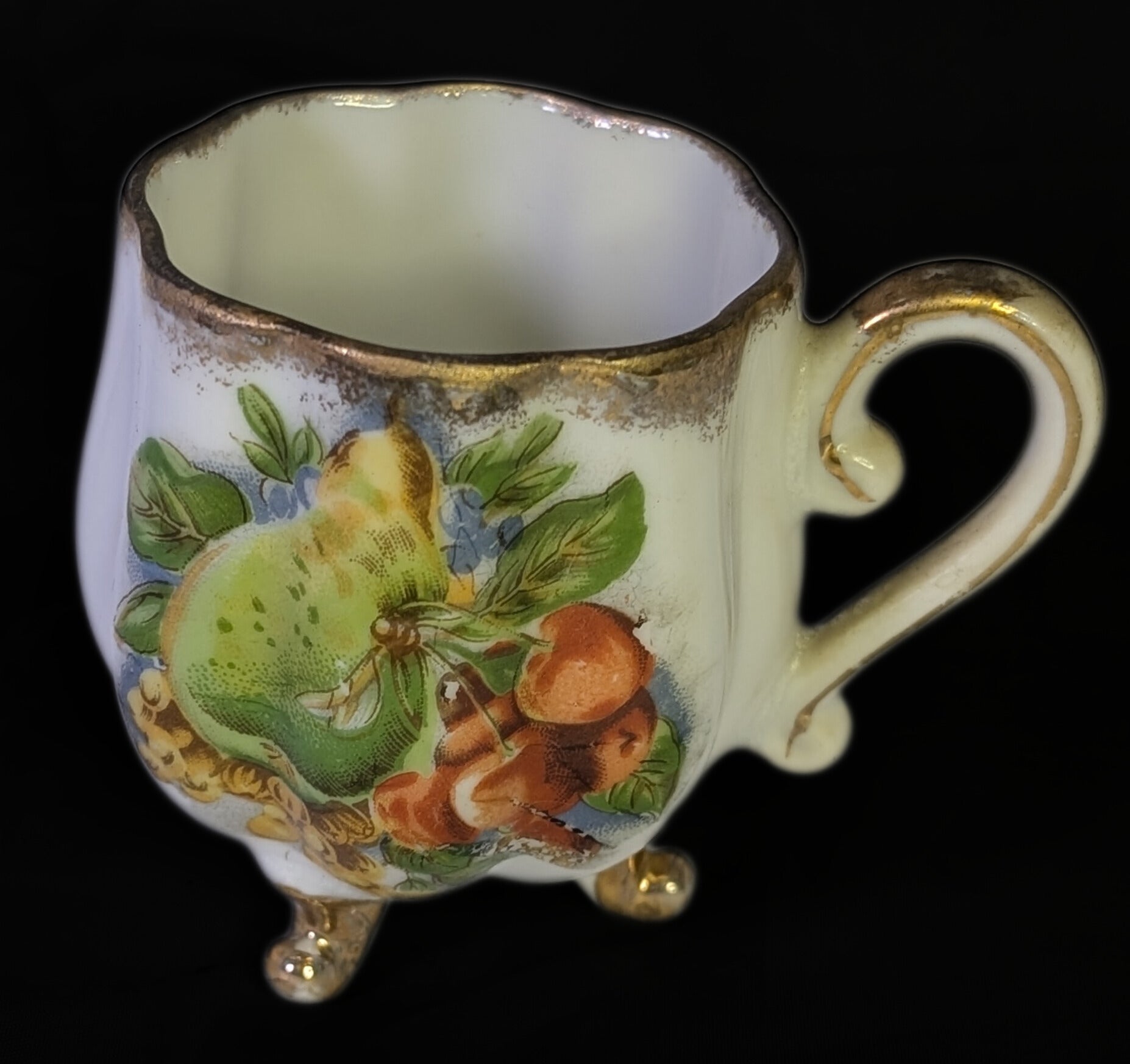Vintage Porcelain Footed Demitasse Cup &amp; Saucer - Fruit Design - As Shown