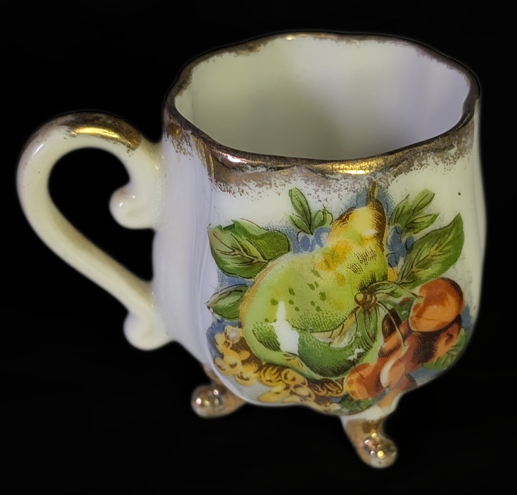 Vintage Porcelain Footed Demitasse Cup &amp; Saucer - Fruit Design - As Shown