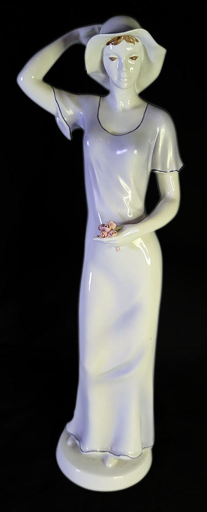 Hollohaza - Hungary - Hand Painted Tall Figurine - Woman Holding Roses