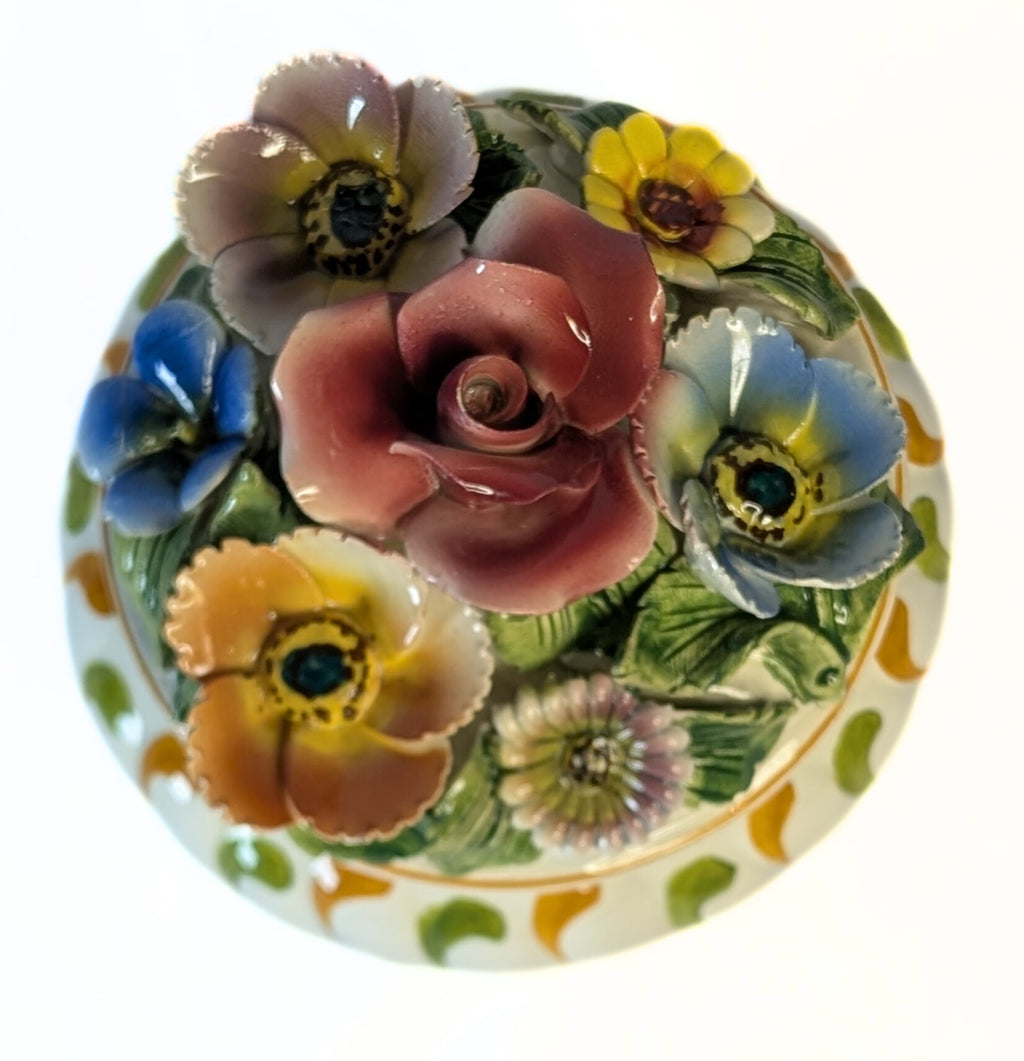Hand Painted in Italy - Lidded Candy Dish - Floral Bouquet Top