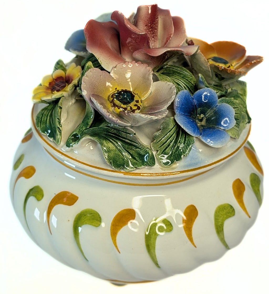 Hand Painted in Italy - Lidded Candy Dish - Floral Bouquet Top
