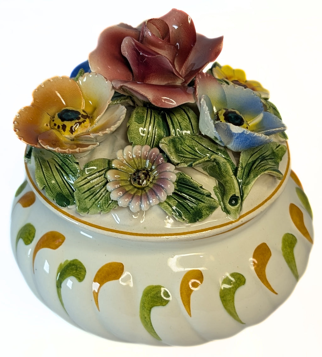 Hand Painted in Italy - Lidded Candy Dish - Floral Bouquet Top
