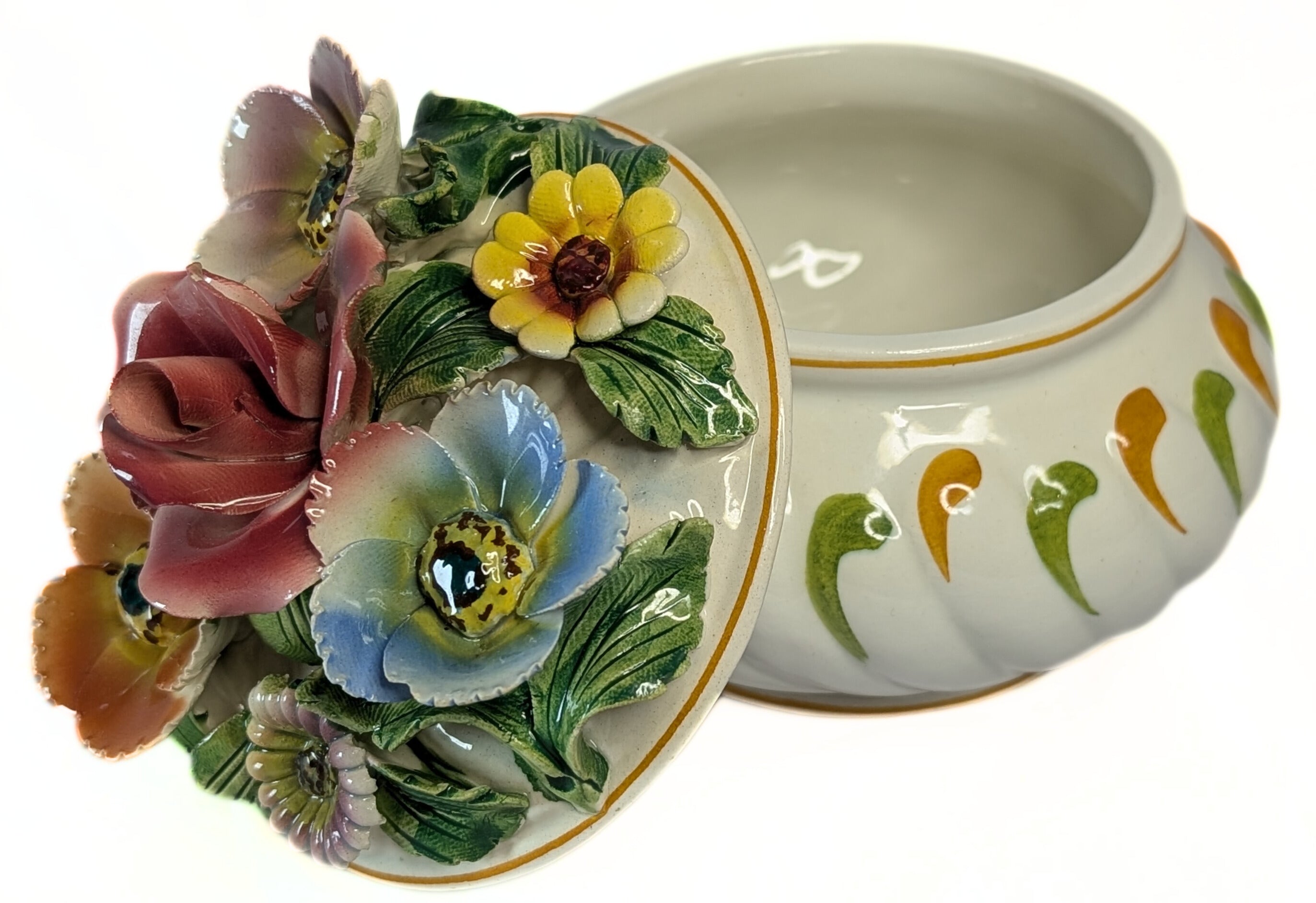 Hand Painted in Italy - Lidded Candy Dish - Floral Bouquet Top