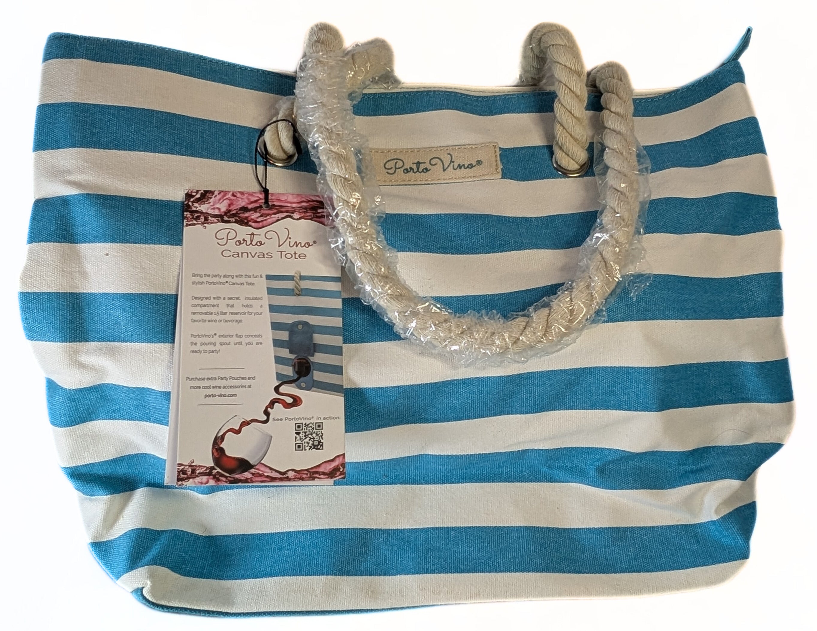 NEW - Porto Vino Canvas Wine Tote - Beach / Picnic Tote - Turquoise & White