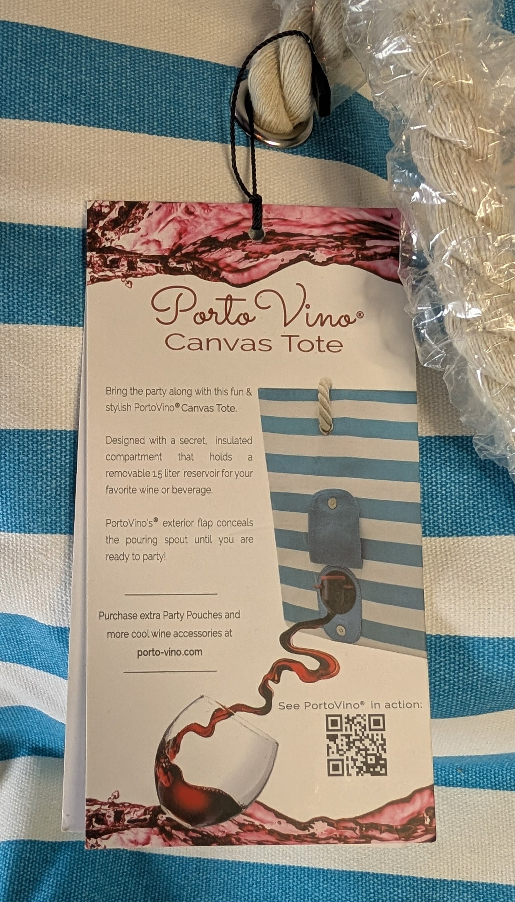NEW - Porto Vino Canvas Wine Tote - Beach / Picnic Tote - Turquoise & White
