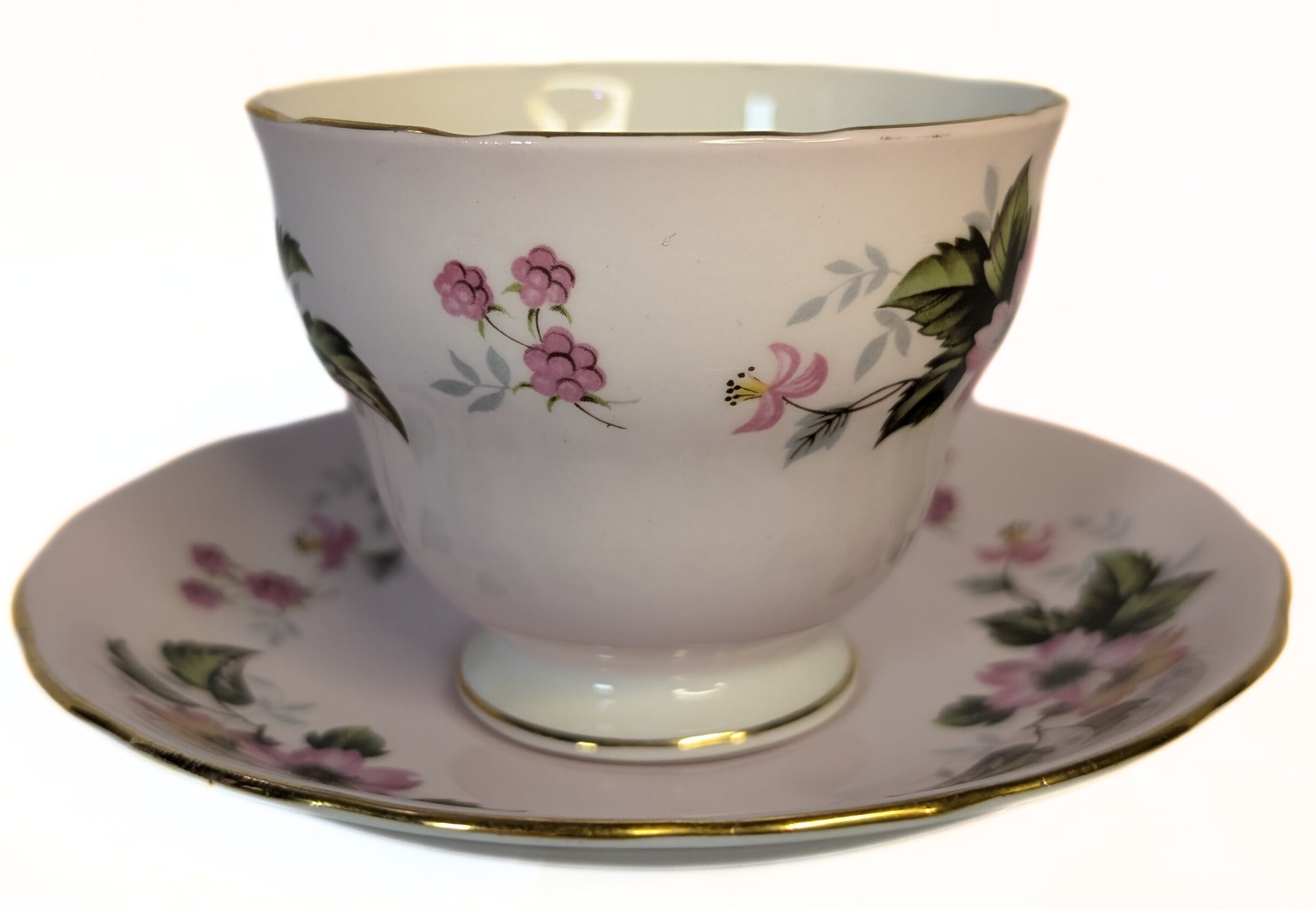 COLCLOUGH Bone China Teacup & Saucer - Pattern 8240 - Pink Floral Clusters