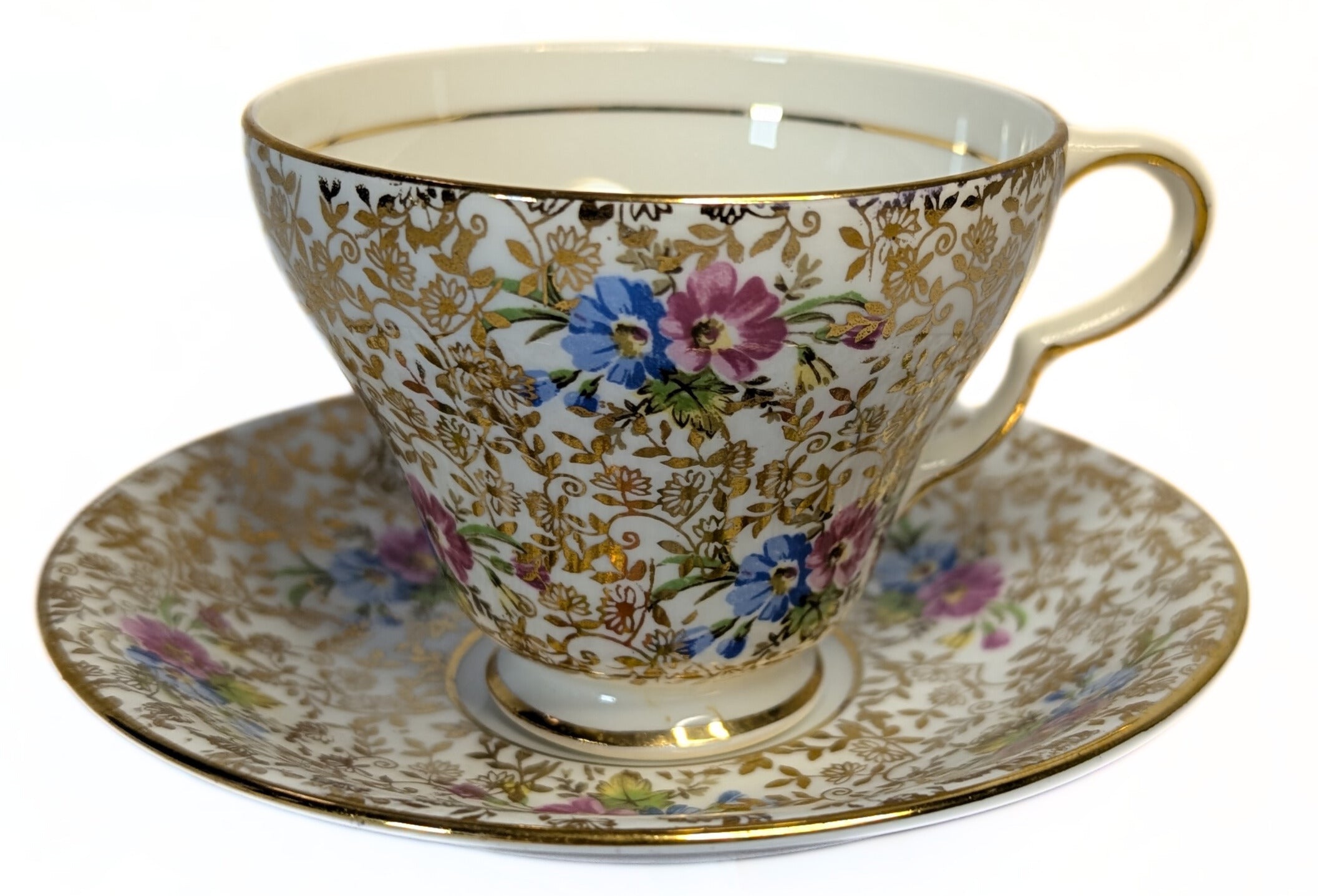 CLARE Bone China Teacup & Saucer - Chintz Floral Pattern - Summertime