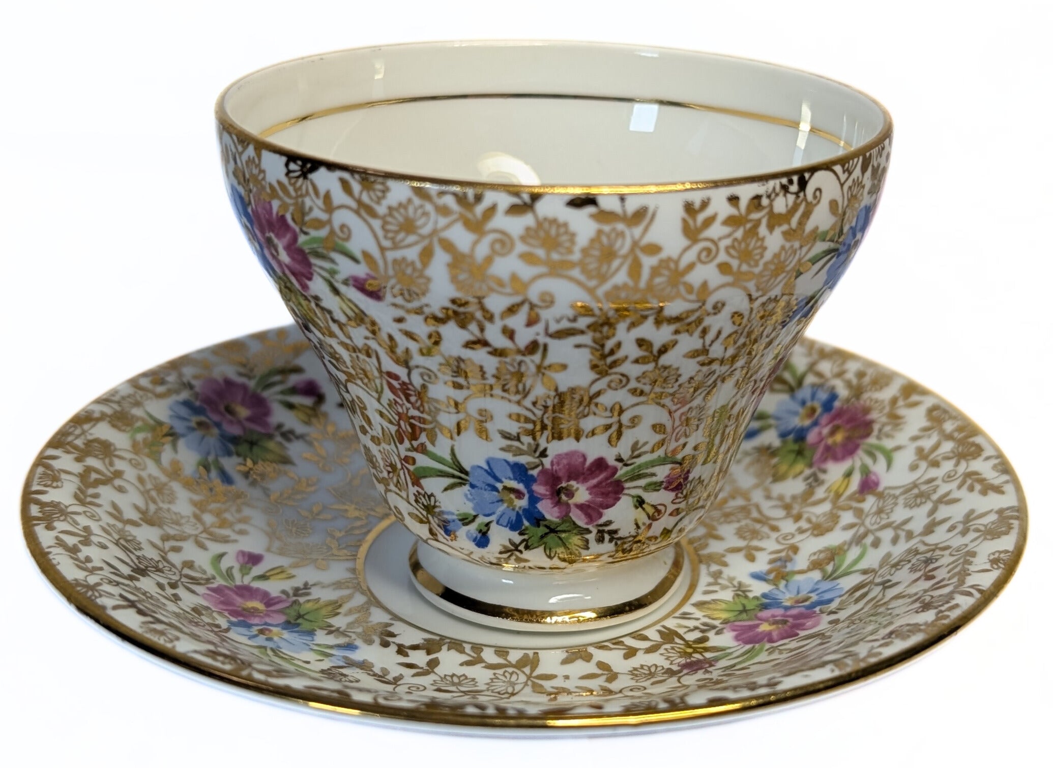 CLARE Bone China Teacup & Saucer - Chintz Floral Pattern - Summertime