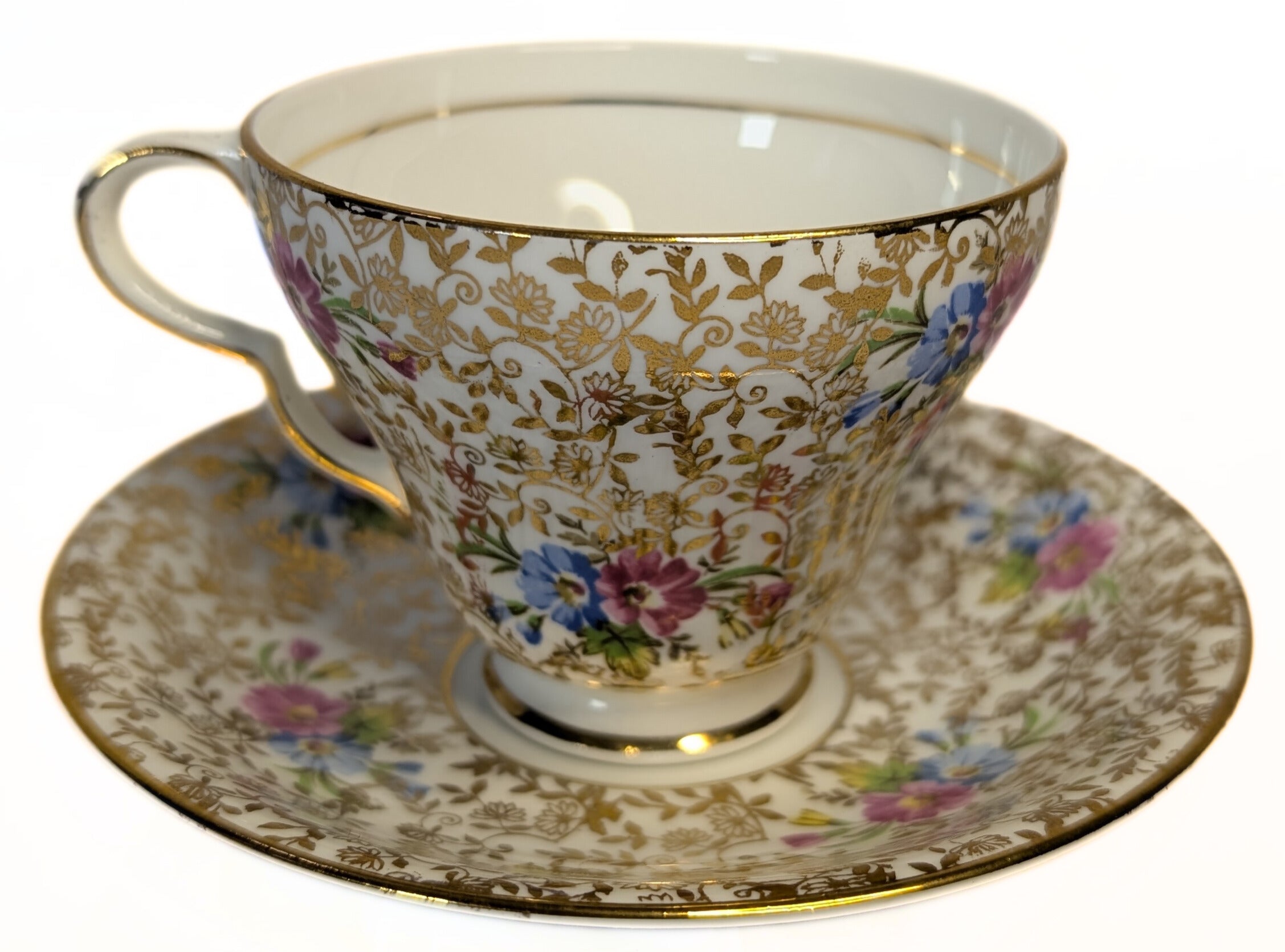 CLARE Bone China Teacup & Saucer - Chintz Floral Pattern - Summertime