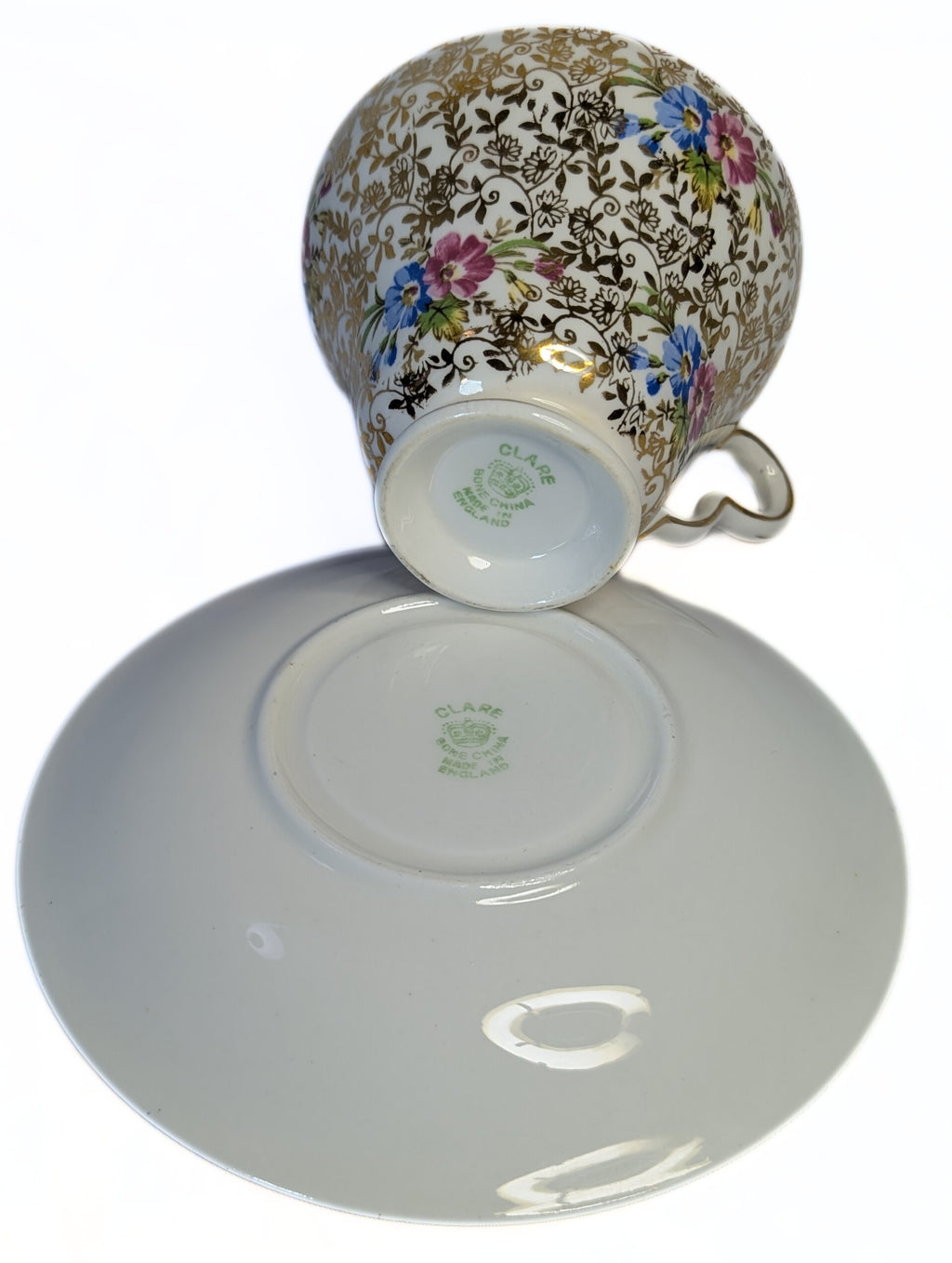 CLARE Bone China Teacup & Saucer - Chintz Floral Pattern - Summertime