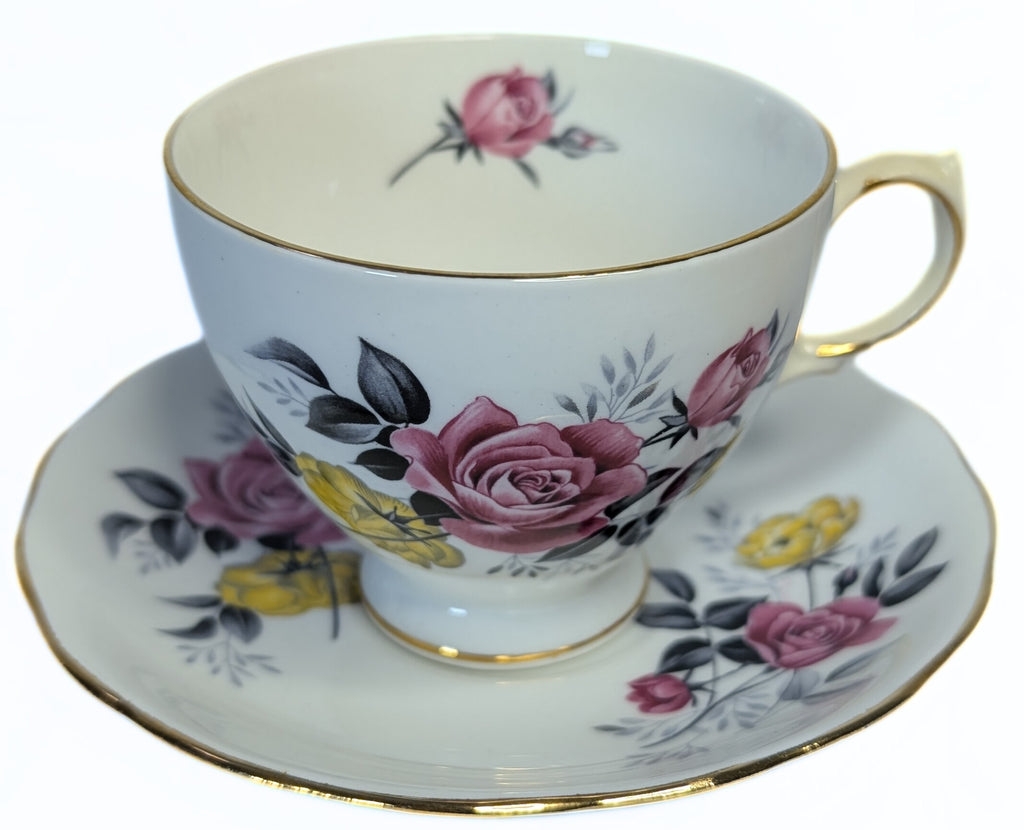 ROYAL VALE Bone China Teacup & Saucer - Pattern 7515 - Pink & Yellow Roses
