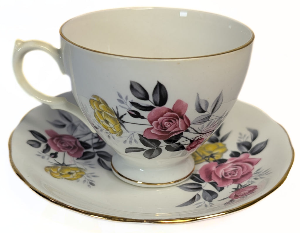 ROYAL VALE Bone China Teacup & Saucer - Pattern 7515 - Pink & Yellow Roses