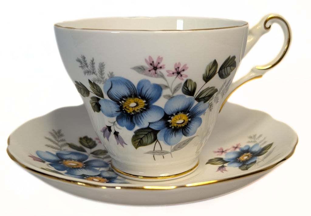 REGENCY Fine Bone China Teacup & Saucer - Blue Floral Pattern, Gold Gilt Rim