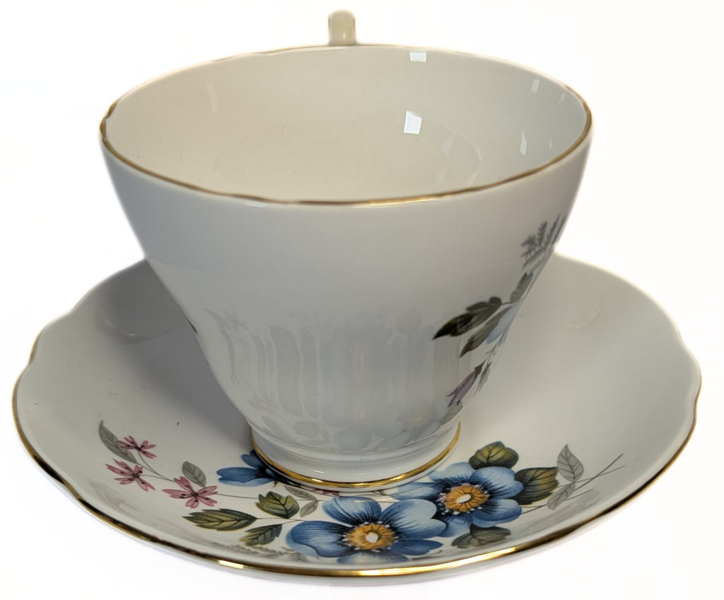 REGENCY Fine Bone China Teacup & Saucer - Blue Floral Pattern, Gold Gilt Rim