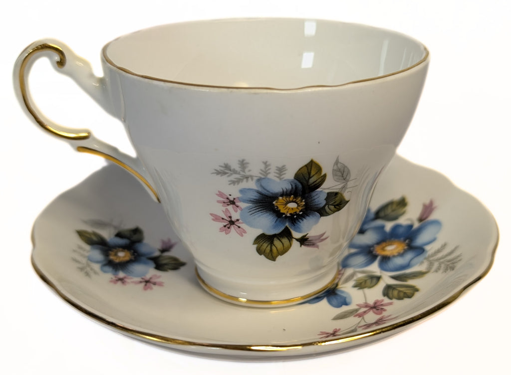 REGENCY Fine Bone China Teacup & Saucer - Blue Floral Pattern, Gold Gilt Rim