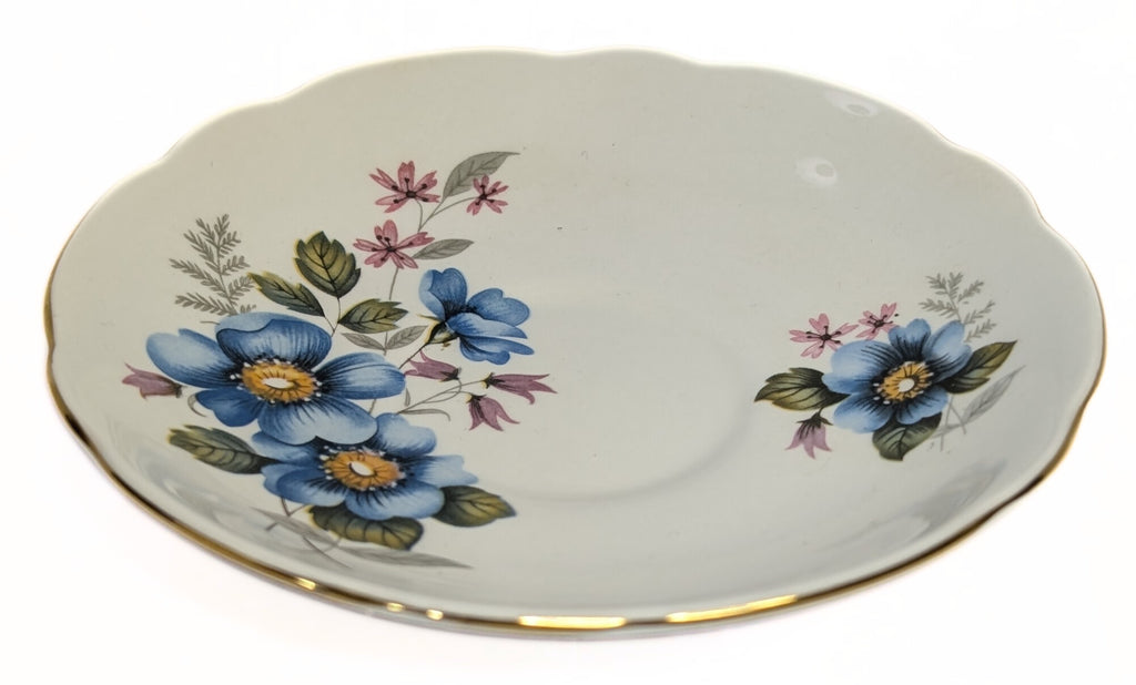 REGENCY Fine Bone China Teacup & Saucer - Blue Floral Pattern, Gold Gilt Rim