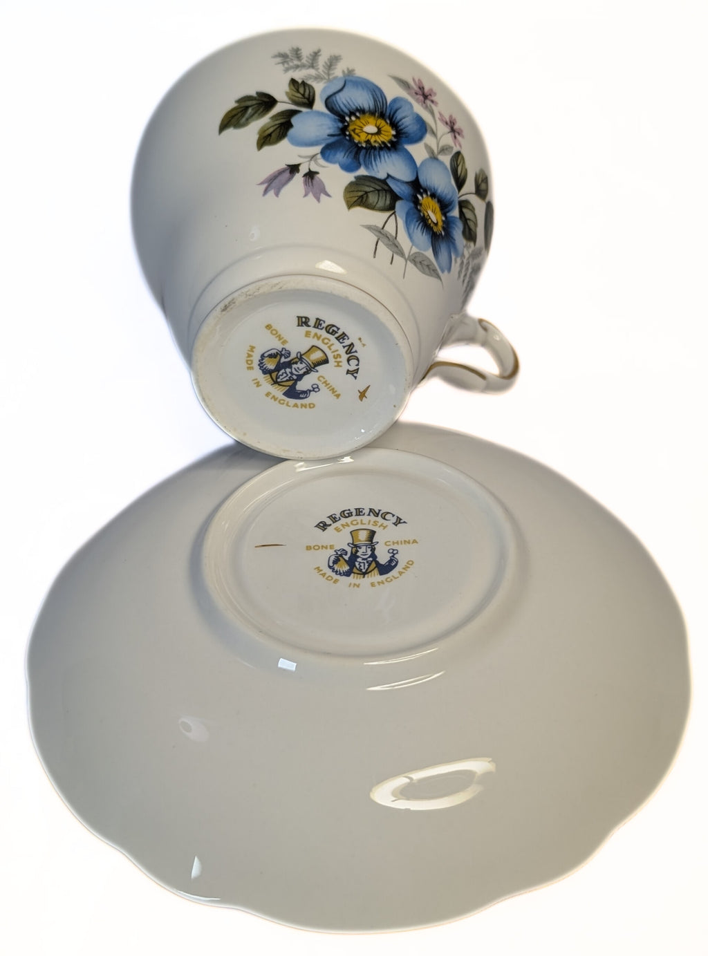 REGENCY Fine Bone China Teacup & Saucer - Blue Floral Pattern, Gold Gilt Rim