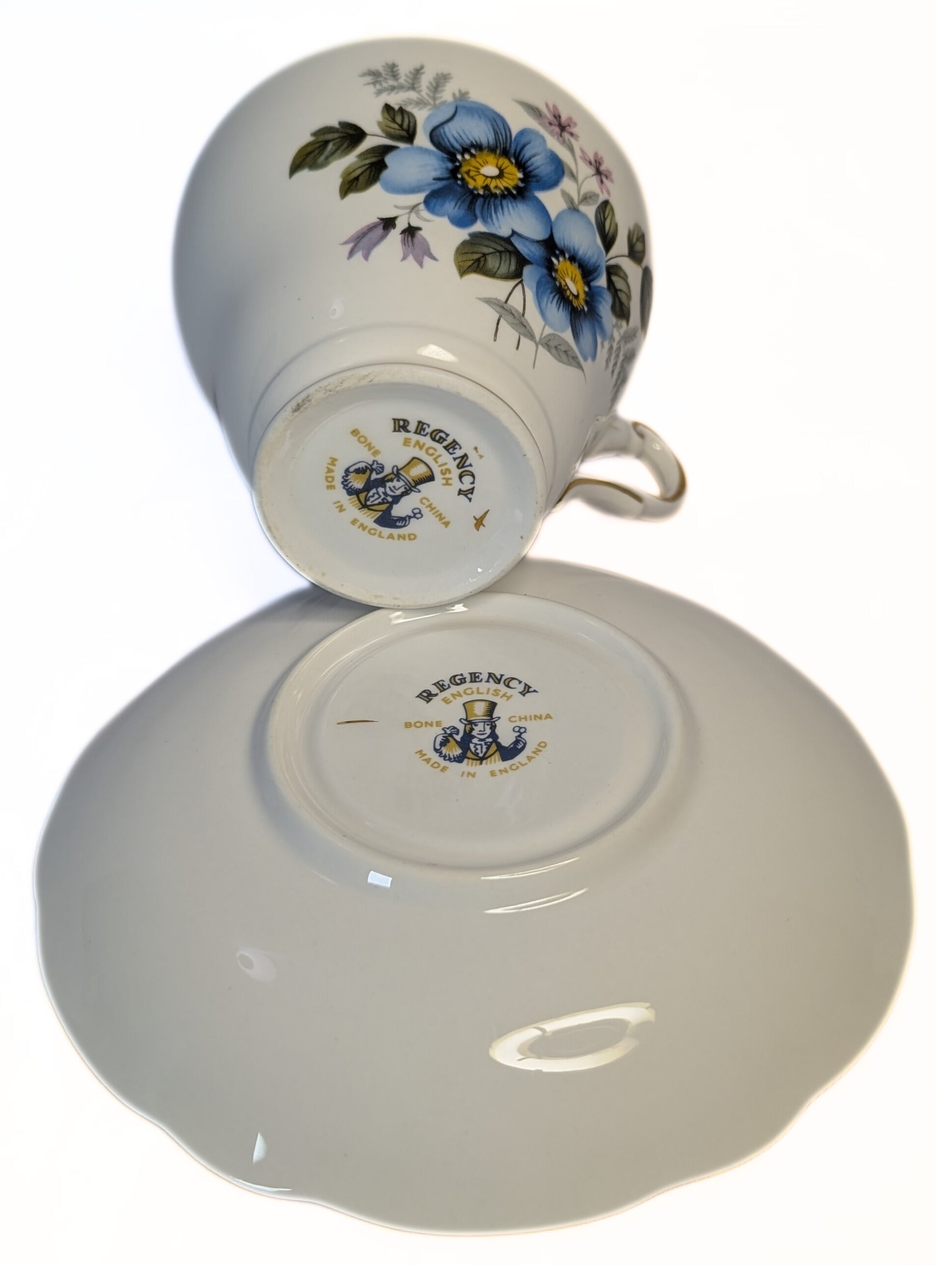 REGENCY Fine Bone China Teacup & Saucer - Blue Floral Pattern, Gold Gilt Rim