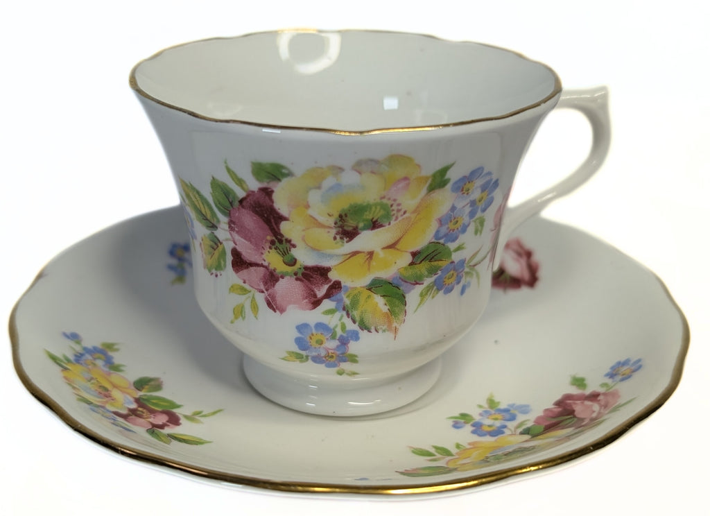VALE Bone China Teacup & Saucer - Floral Pattern, Gold Gilt Rim