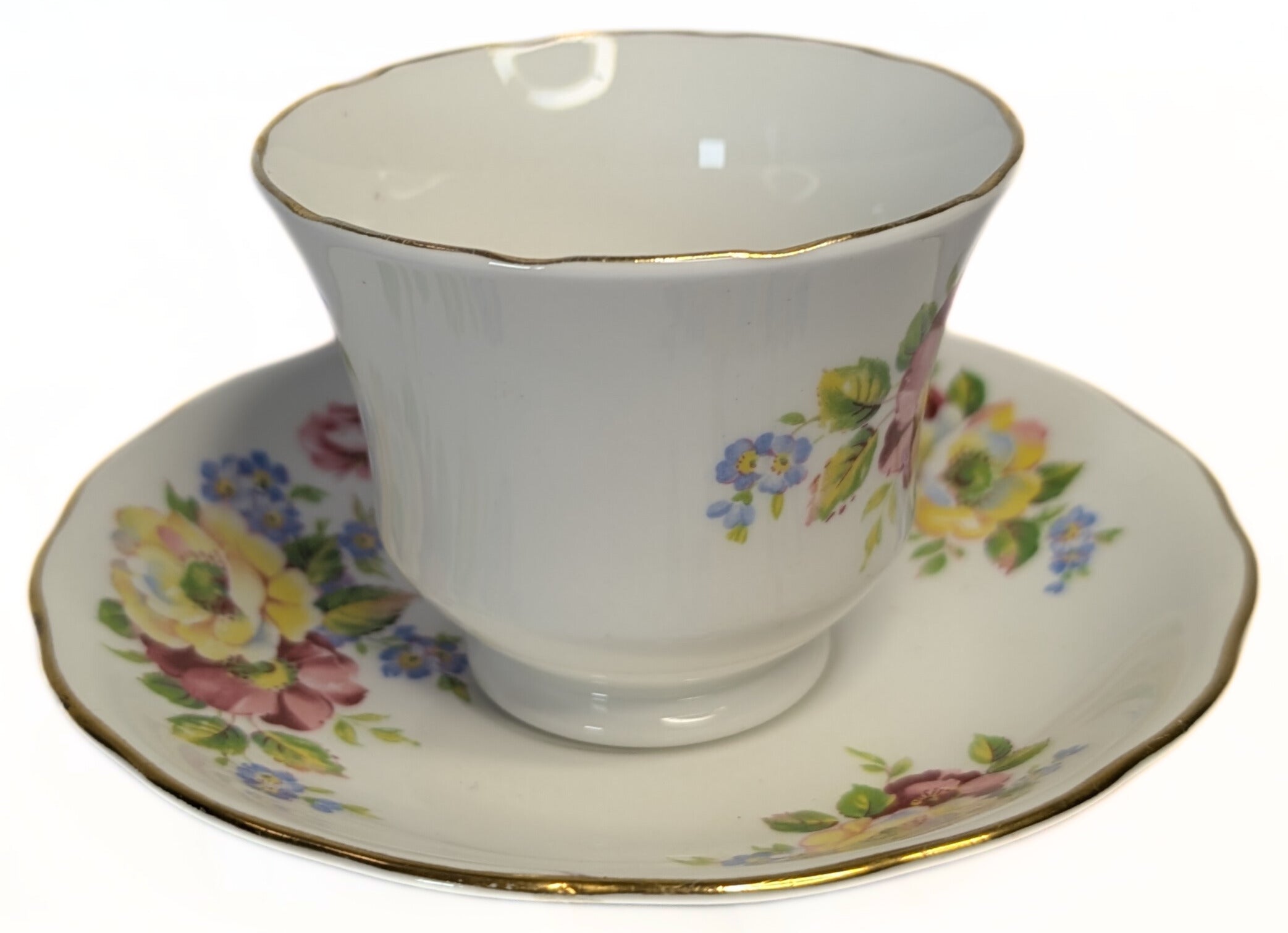 VALE Bone China Teacup & Saucer - Floral Pattern, Gold Gilt Rim