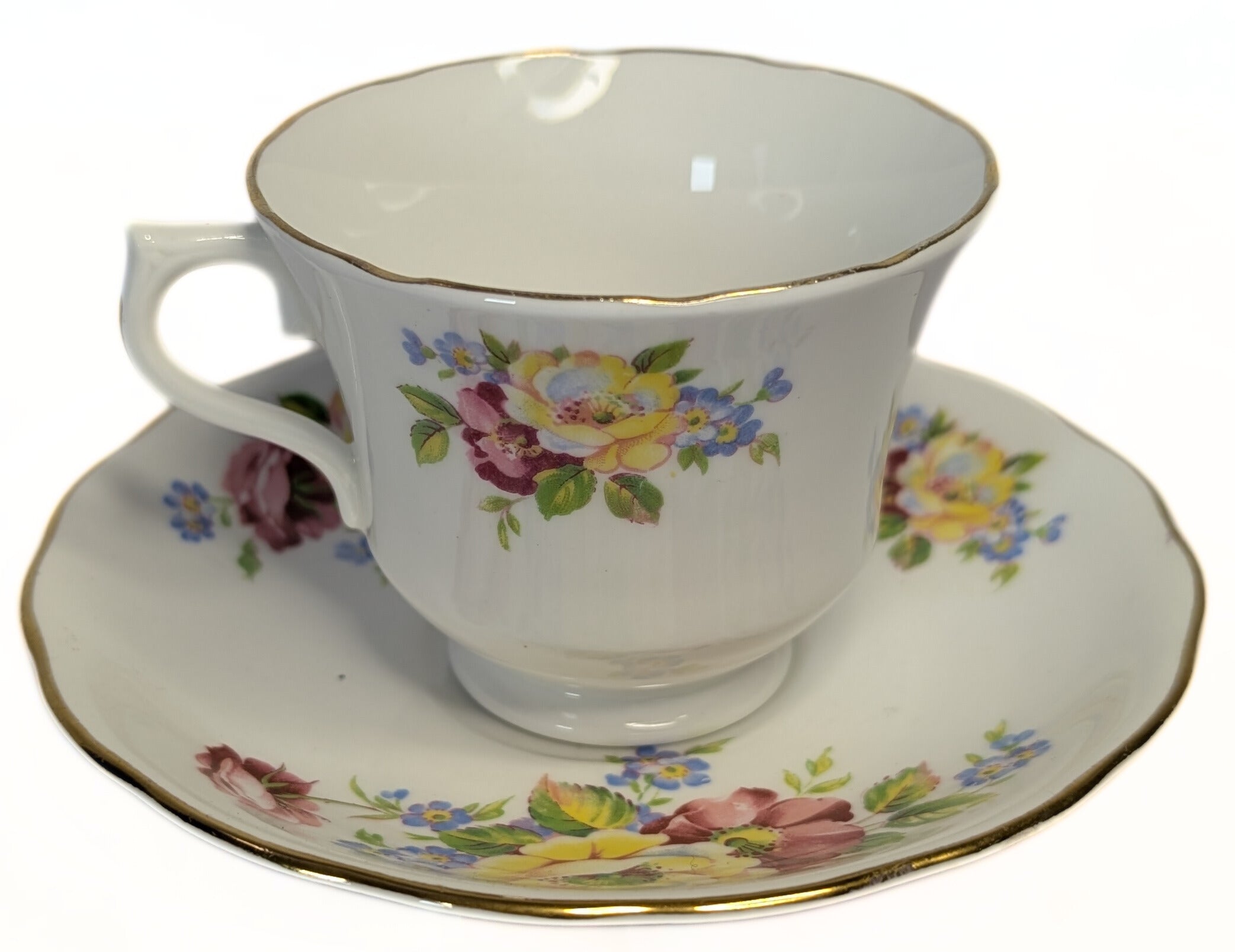VALE Bone China Teacup & Saucer - Floral Pattern, Gold Gilt Rim