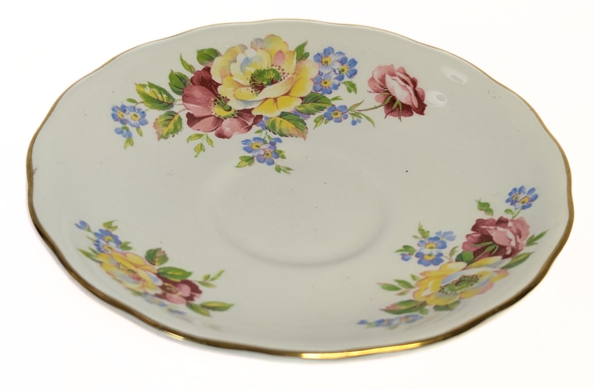VALE Bone China Teacup & Saucer - Floral Pattern, Gold Gilt Rim