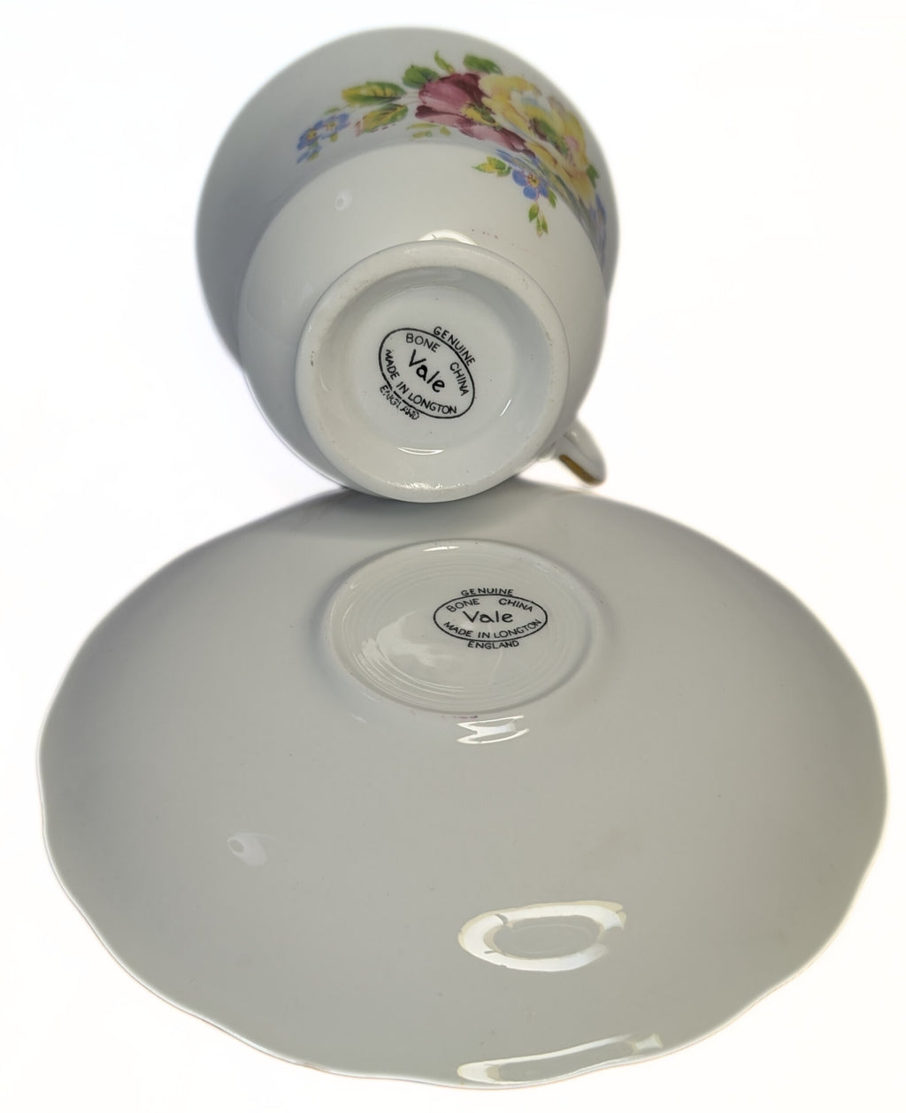 VALE Bone China Teacup & Saucer - Floral Pattern, Gold Gilt Rim