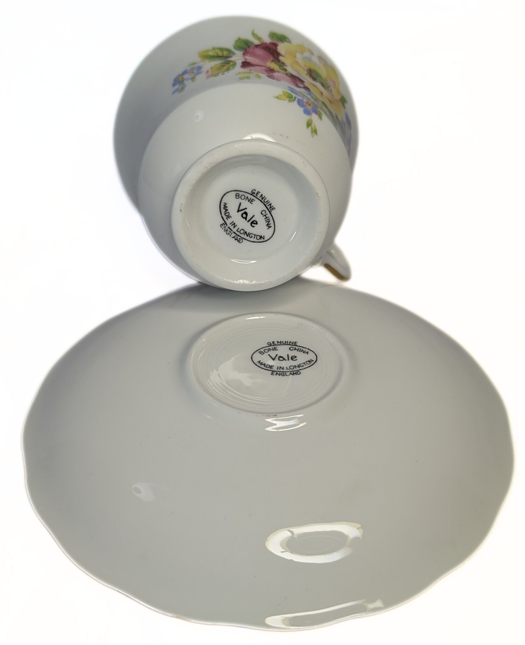 VALE Bone China Teacup & Saucer - Floral Pattern, Gold Gilt Rim