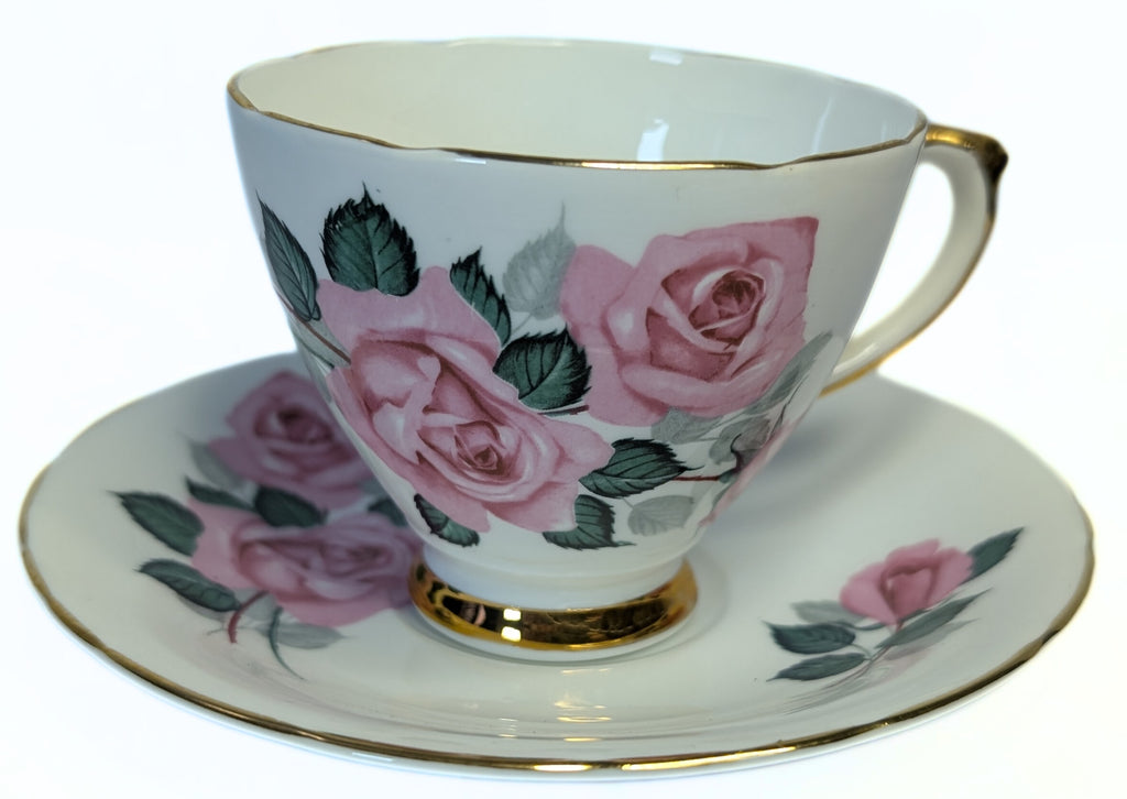 ROYAL TRENT Bone China Teacup & Saucer - Pink Rose, Gold Trim