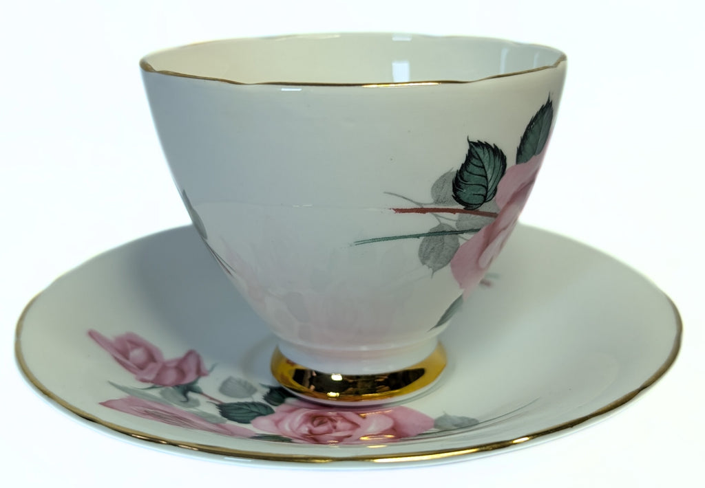 ROYAL TRENT Bone China Teacup & Saucer - Pink Rose, Gold Trim